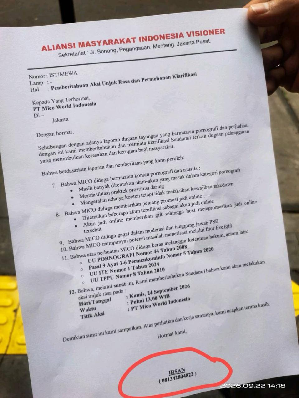 Masyarakat Berantas Judi Online (MASBEJO) Minta Agar MICO Dilarang Beroperasi di Indonesia
